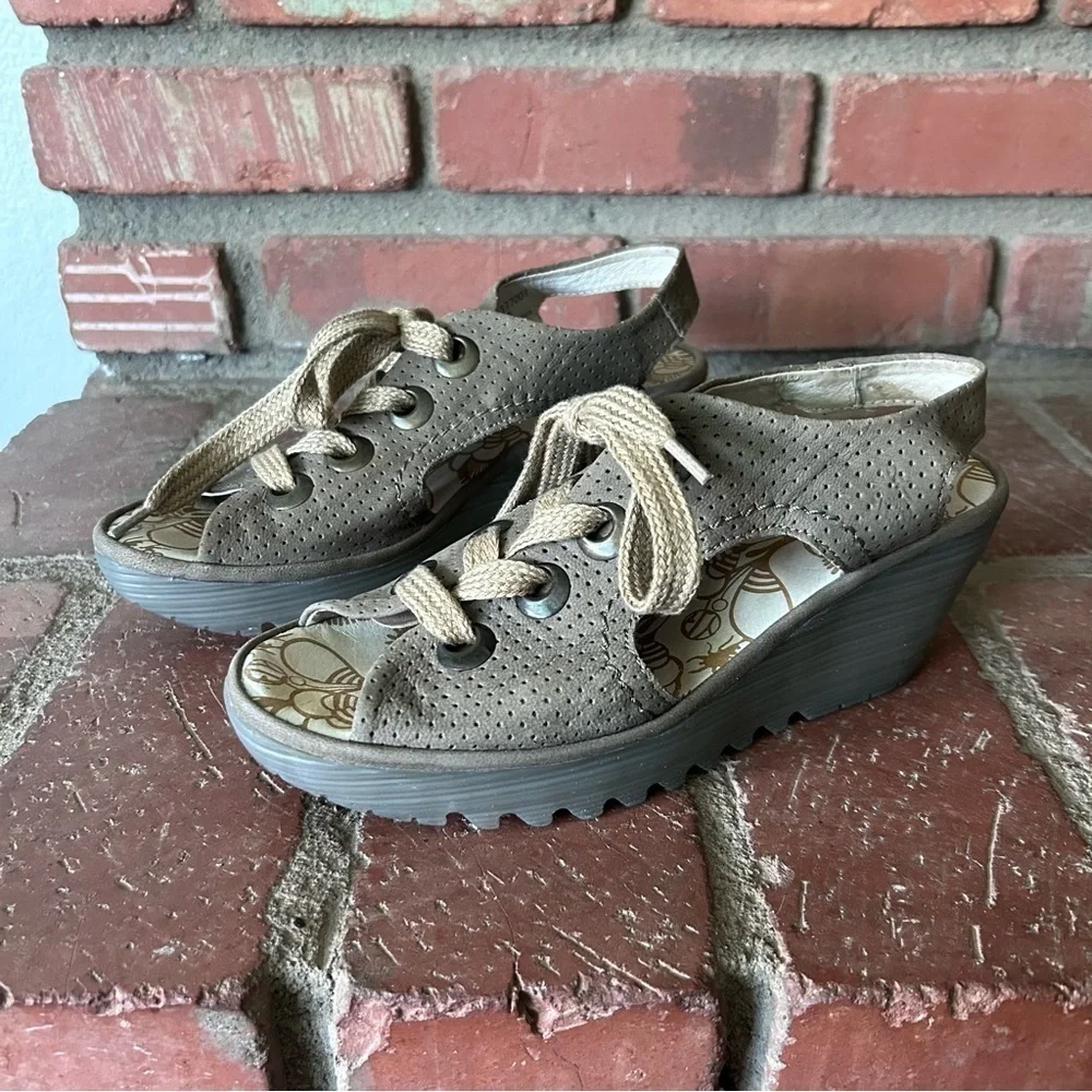 FLY London Luna Perforated Suede Lace-Up Wedge Sandals Sz 8/8.5